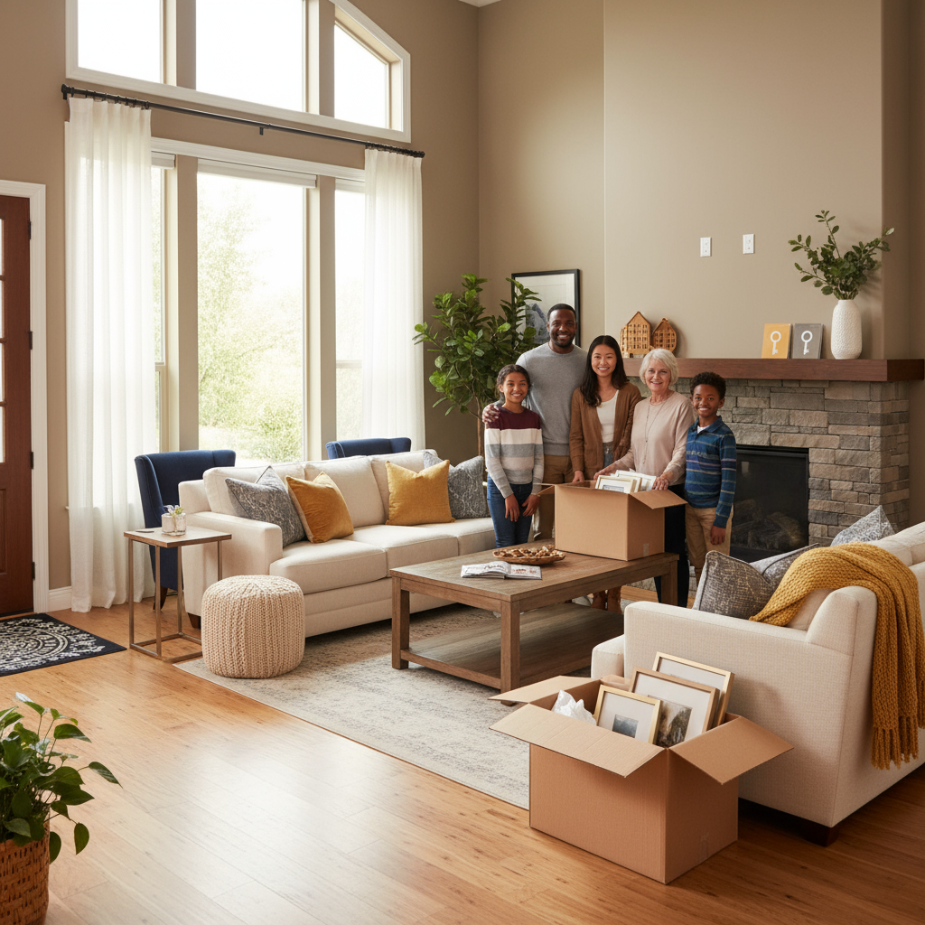 A happy family moving into their new home